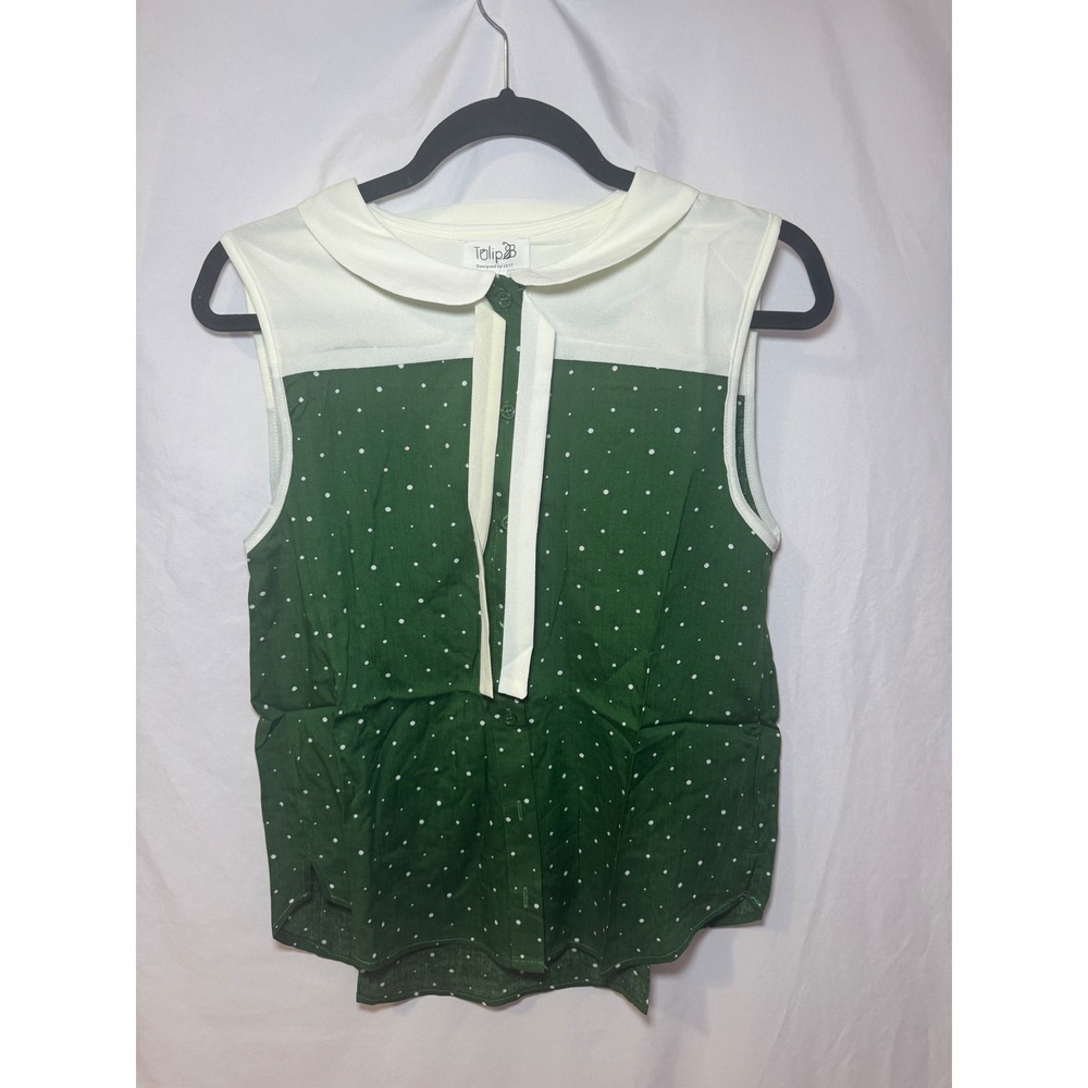 Green Polka Dot Peter Pan Collar Top L Mod Coquette Vintage Style Tulip B NWT